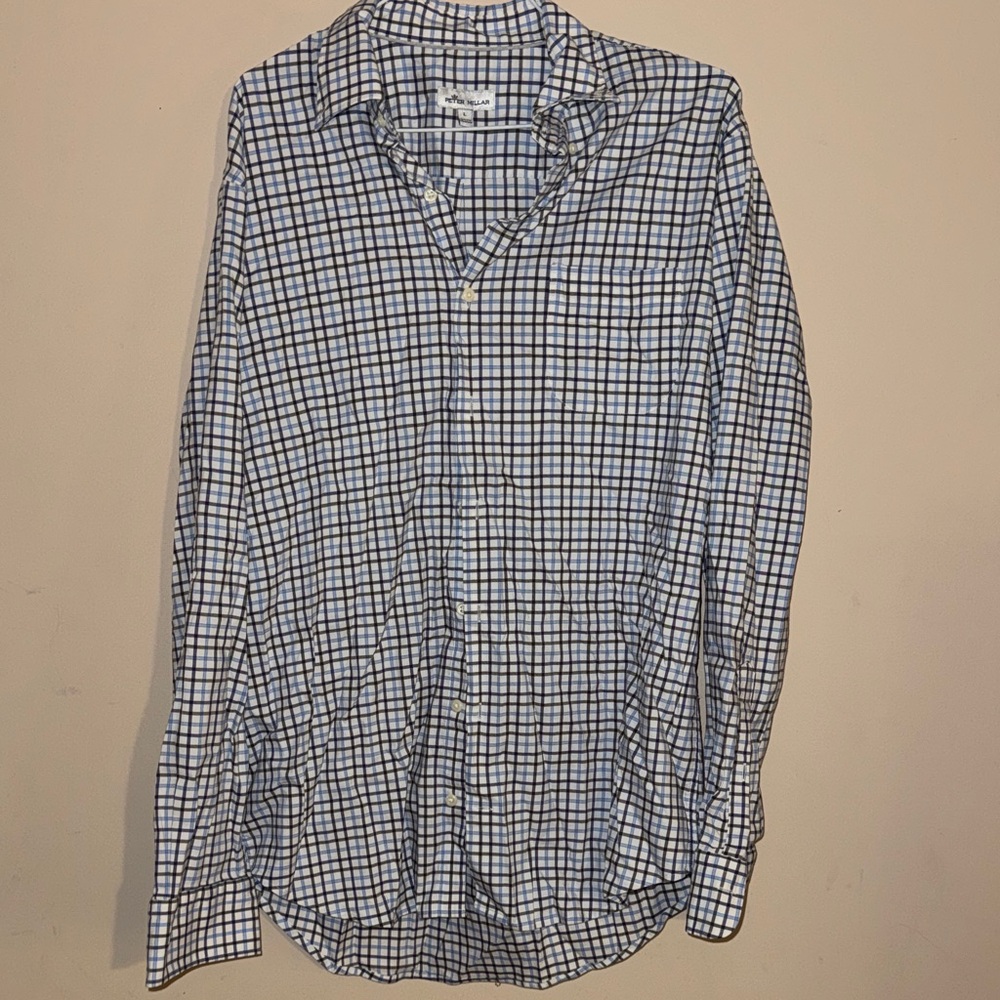 Peter Millar Blue and White Plaid Button-Down Shirt L